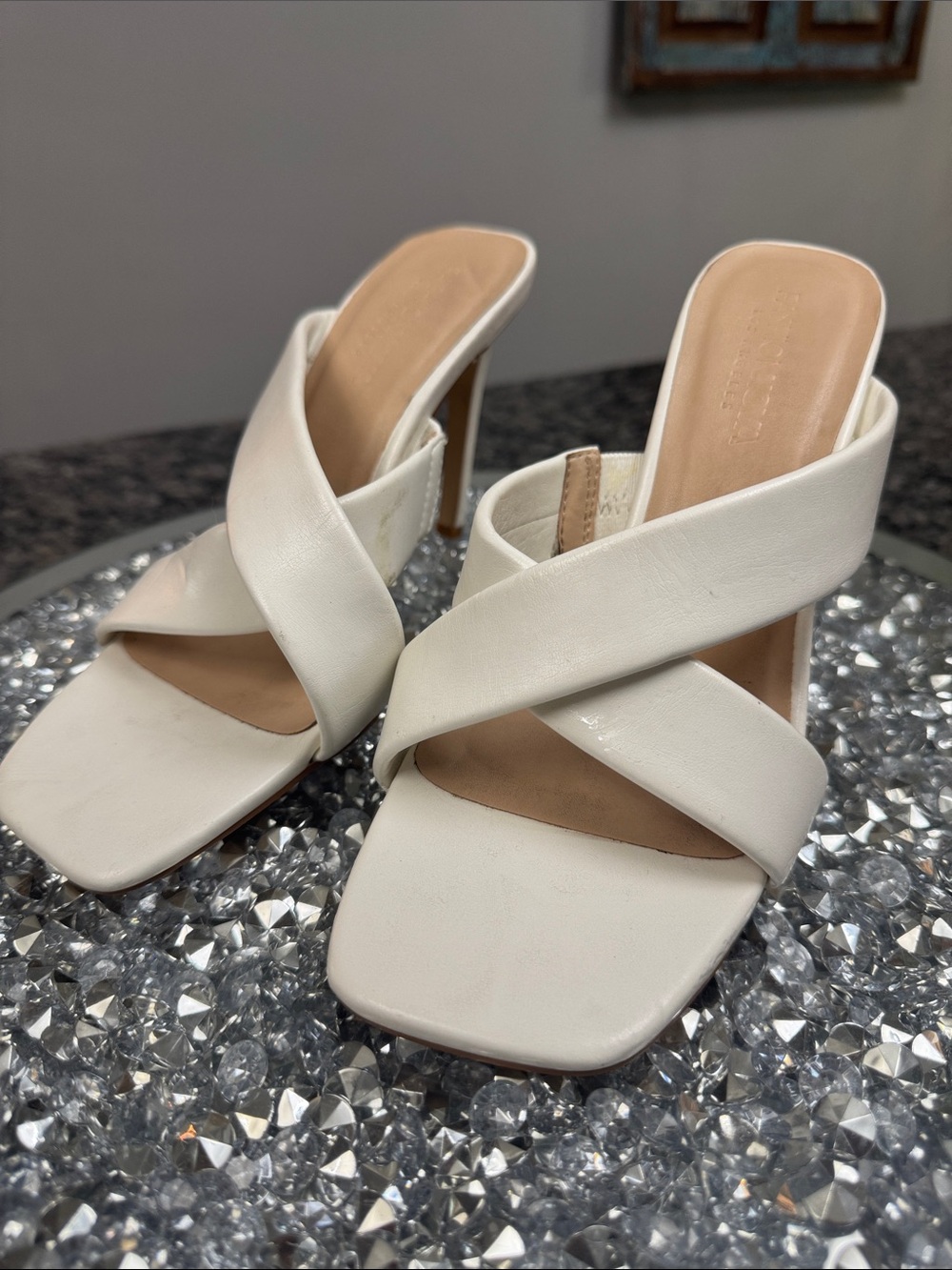 Fashion Nova White Crisscross Slip-On Heel Mules
